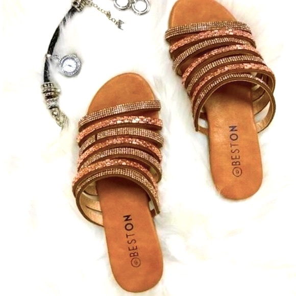 Beaded Metallic Slip On Sandal - Picture 2 of 3